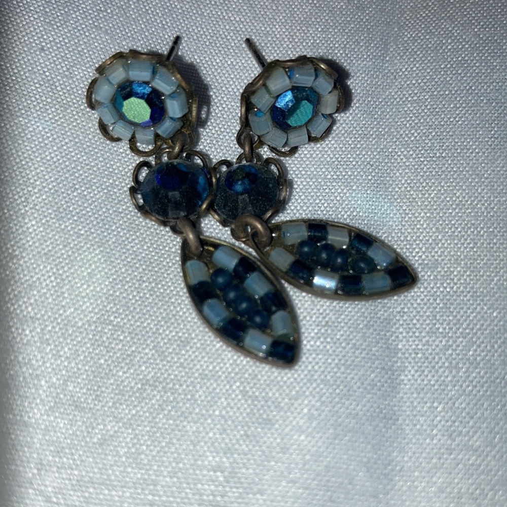 Blue mini beaded floral teardrop earrings. Post style. Dangles 1” max. No backer